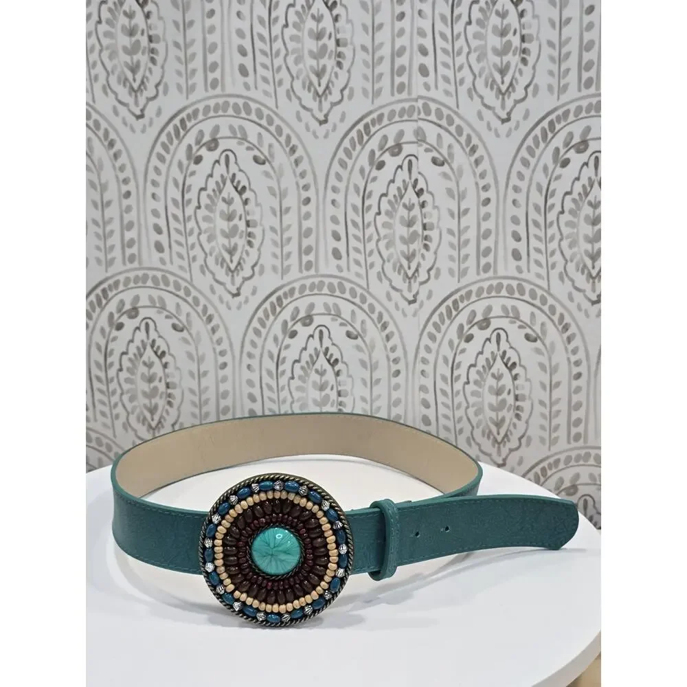 Vintage Womens Medium Belt Western Cowgirl Turquoise Teal Beaded Large Concho